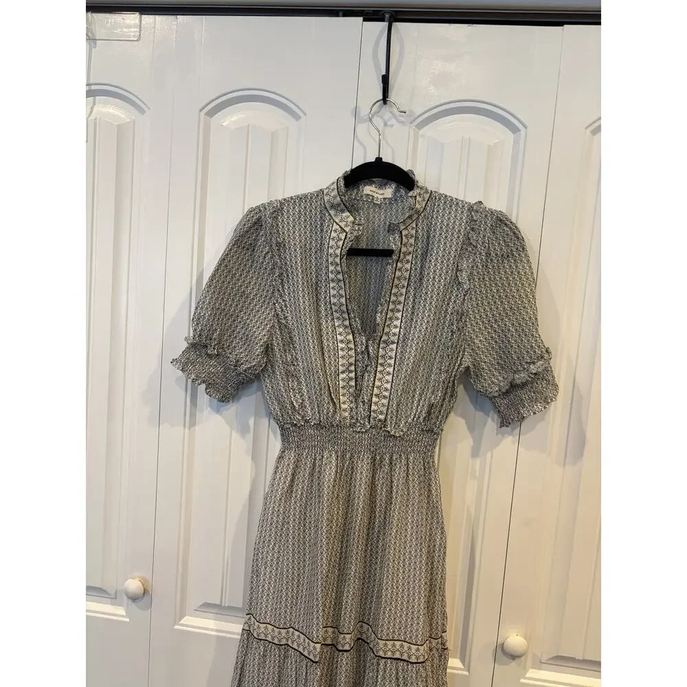 Max Studio White, Yellow and Black Short Sleeve V Neck  Maxi Dress Size Small‎